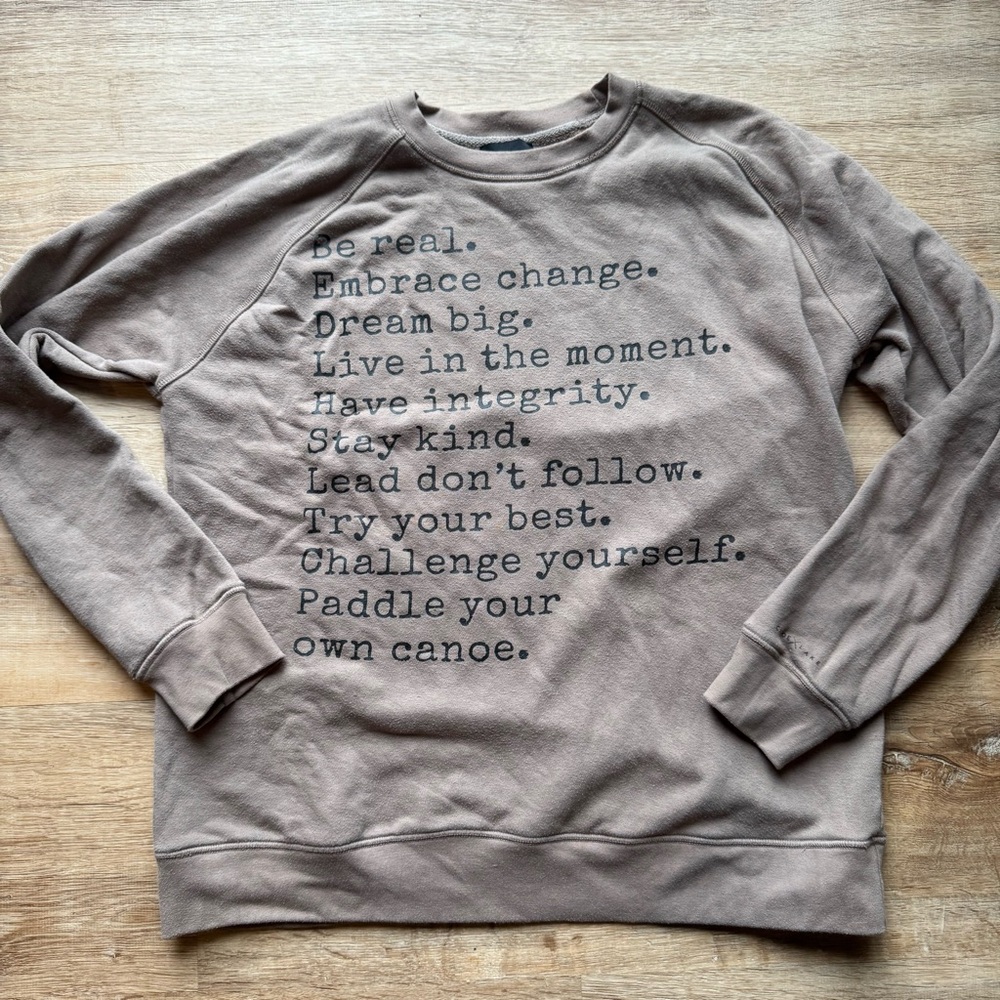 Canoe and Lake brown “Values” sweatshirt. Size L/XL. Well worn, cozy and soft